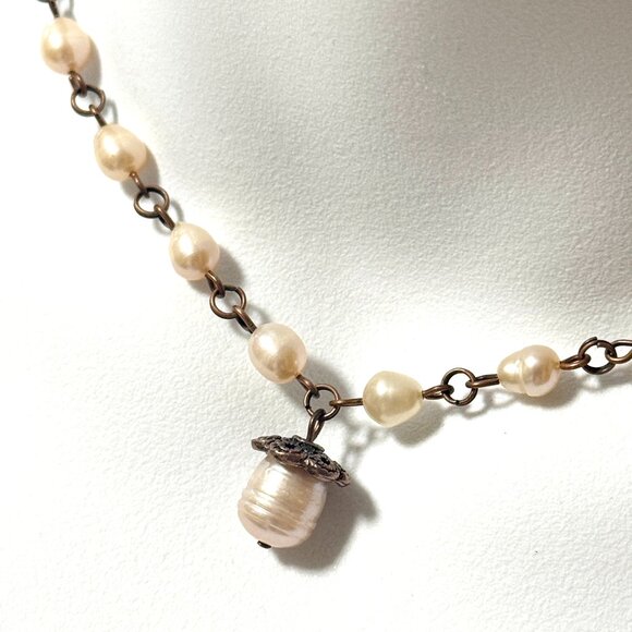 Pale Pink Freshwater Pearl Short Necklace with Cute Pendant, Copper Links - Picture 1 of 15